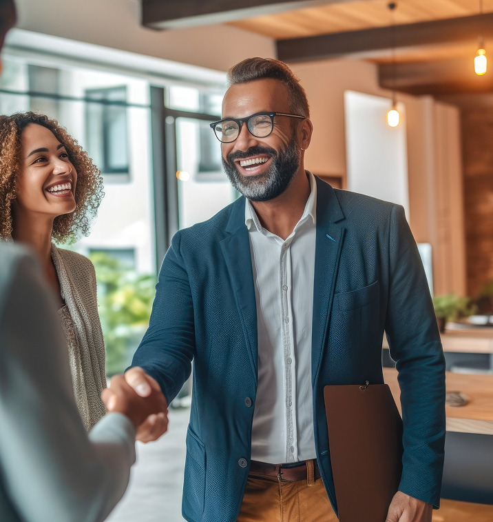 team member shaking hands with satisfied client